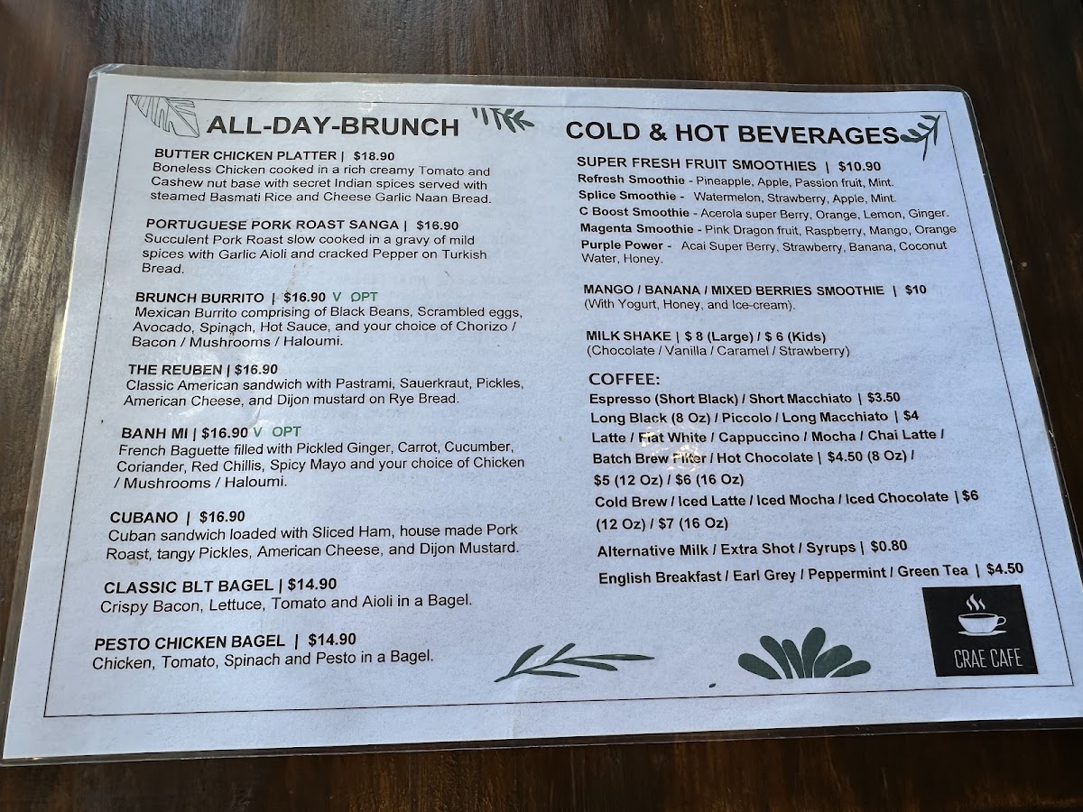 CRAE CAFE Menu 1