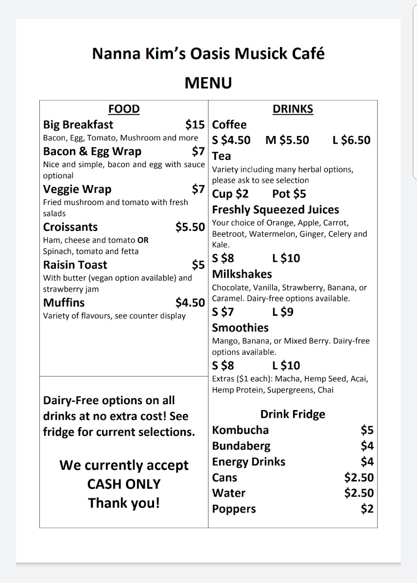 Nimbin Oasis Music Hub & Cafe Menu 1