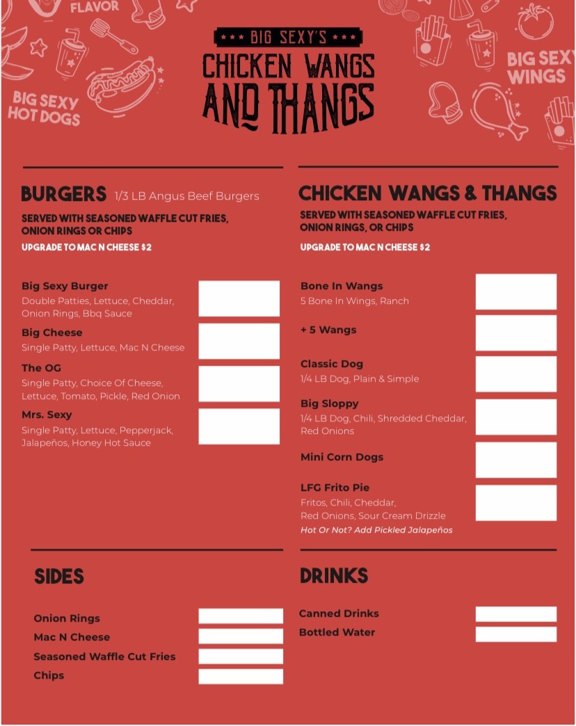 Big Sexy's Chicken Wangs and Thangs Menu 1