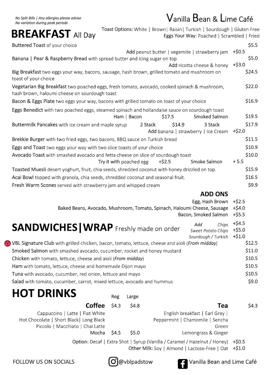 Vanilla Bean & Lime Cafe Menu 1