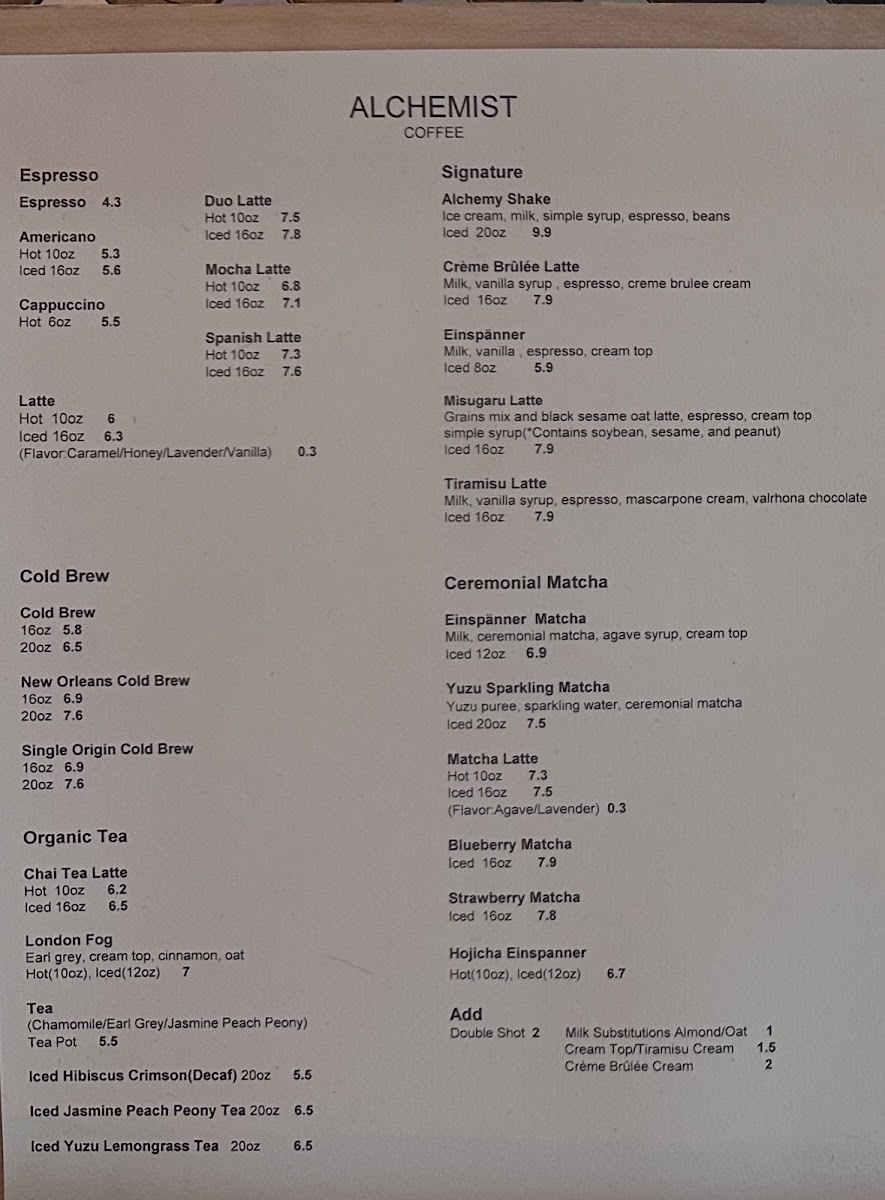 Alchemist Coffee Project Menu 1