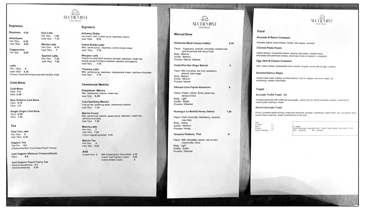 Alchemist Coffee Project Menu 10