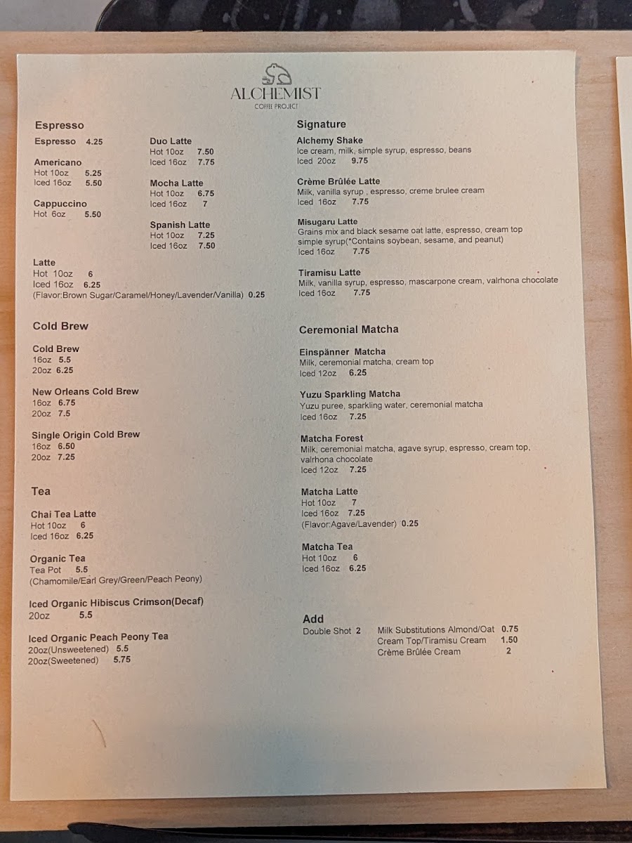 Alchemist Coffee Project Menu 4