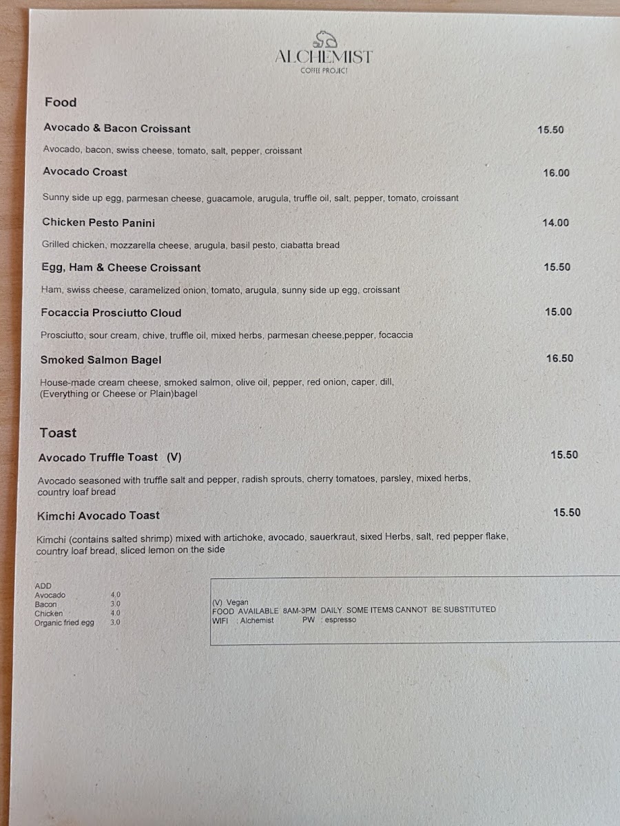 Alchemist Coffee Project Menu 5