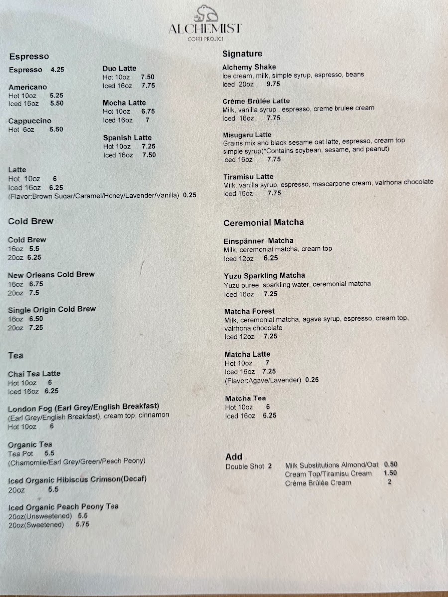 Alchemist Coffee Project Menu 6
