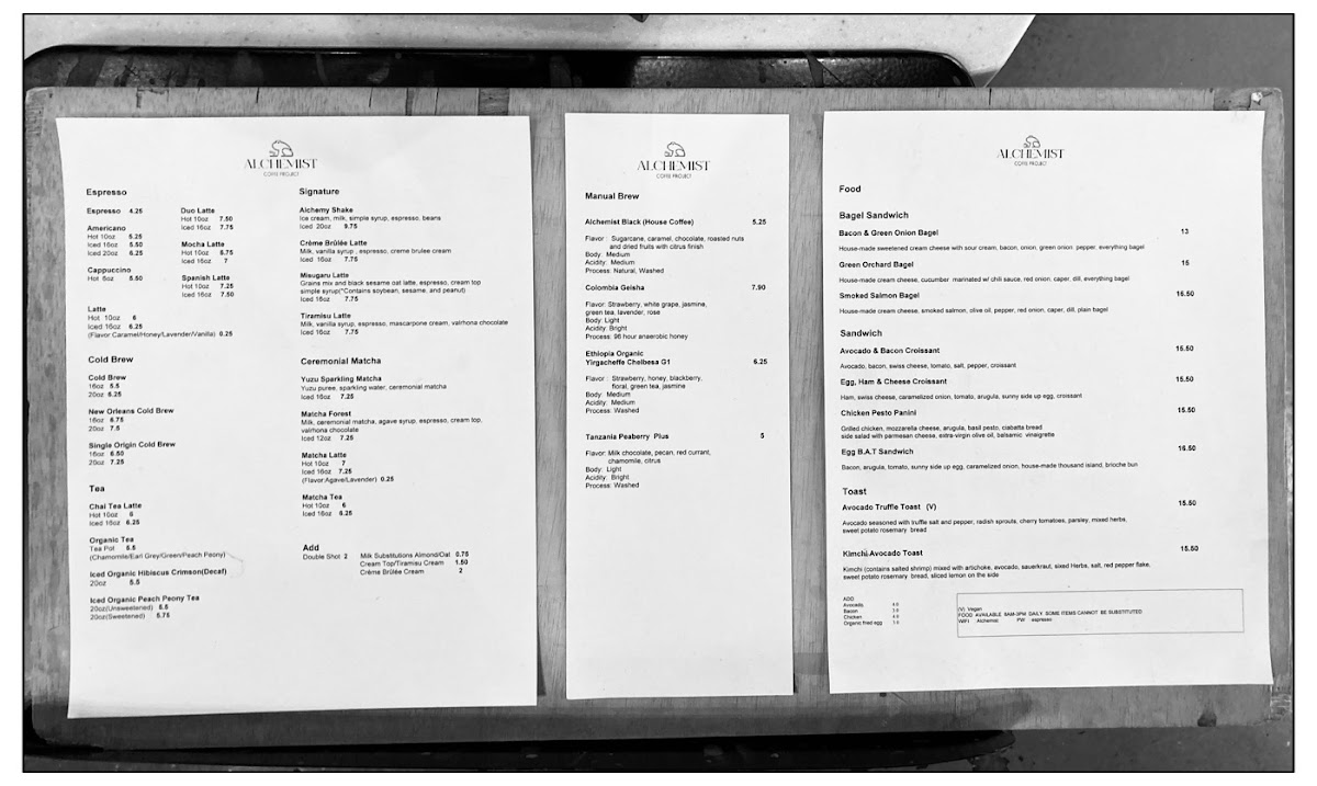 Alchemist Coffee Project Menu 8