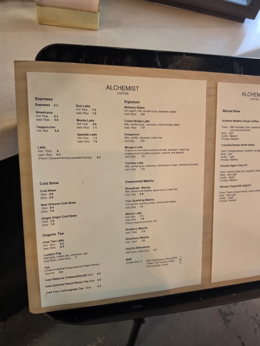 Alchemist Coffee Project Menu 9