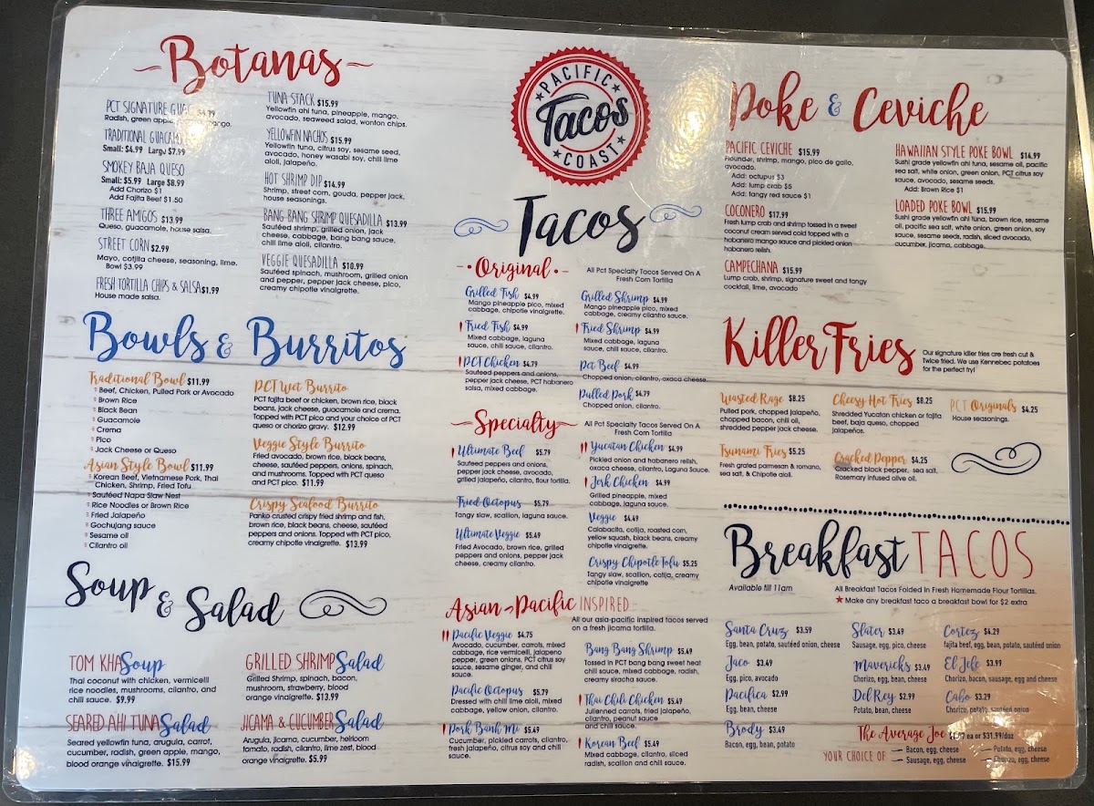 Pacific Coast Tacos Menu 1