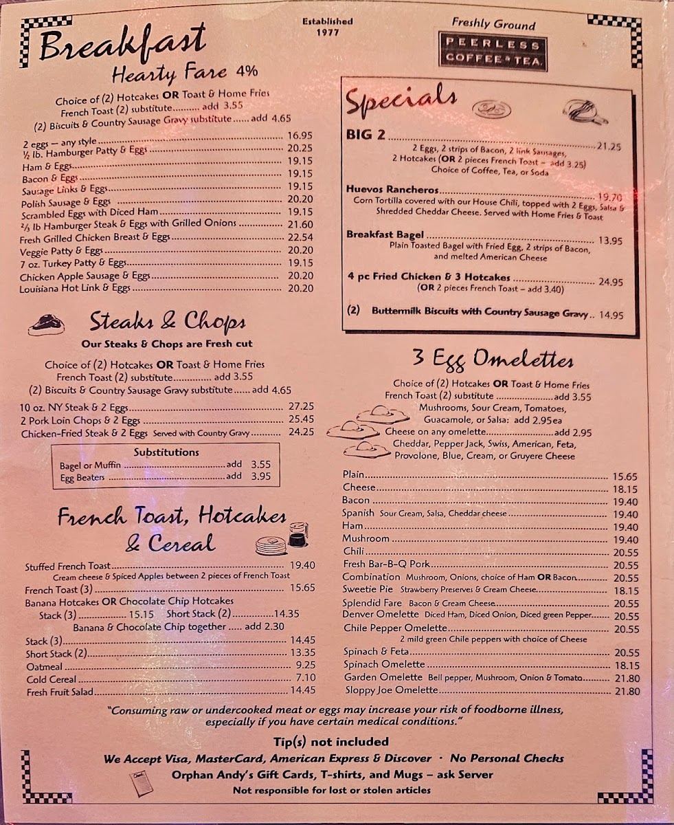 Orphan Andy's Restaurant Menu 1