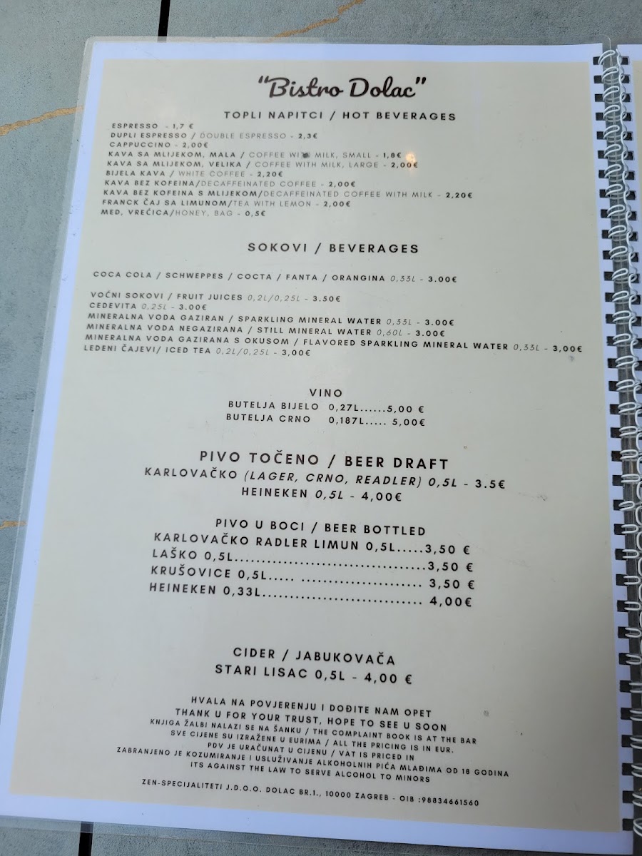 Bistro Dolac Menu 1
