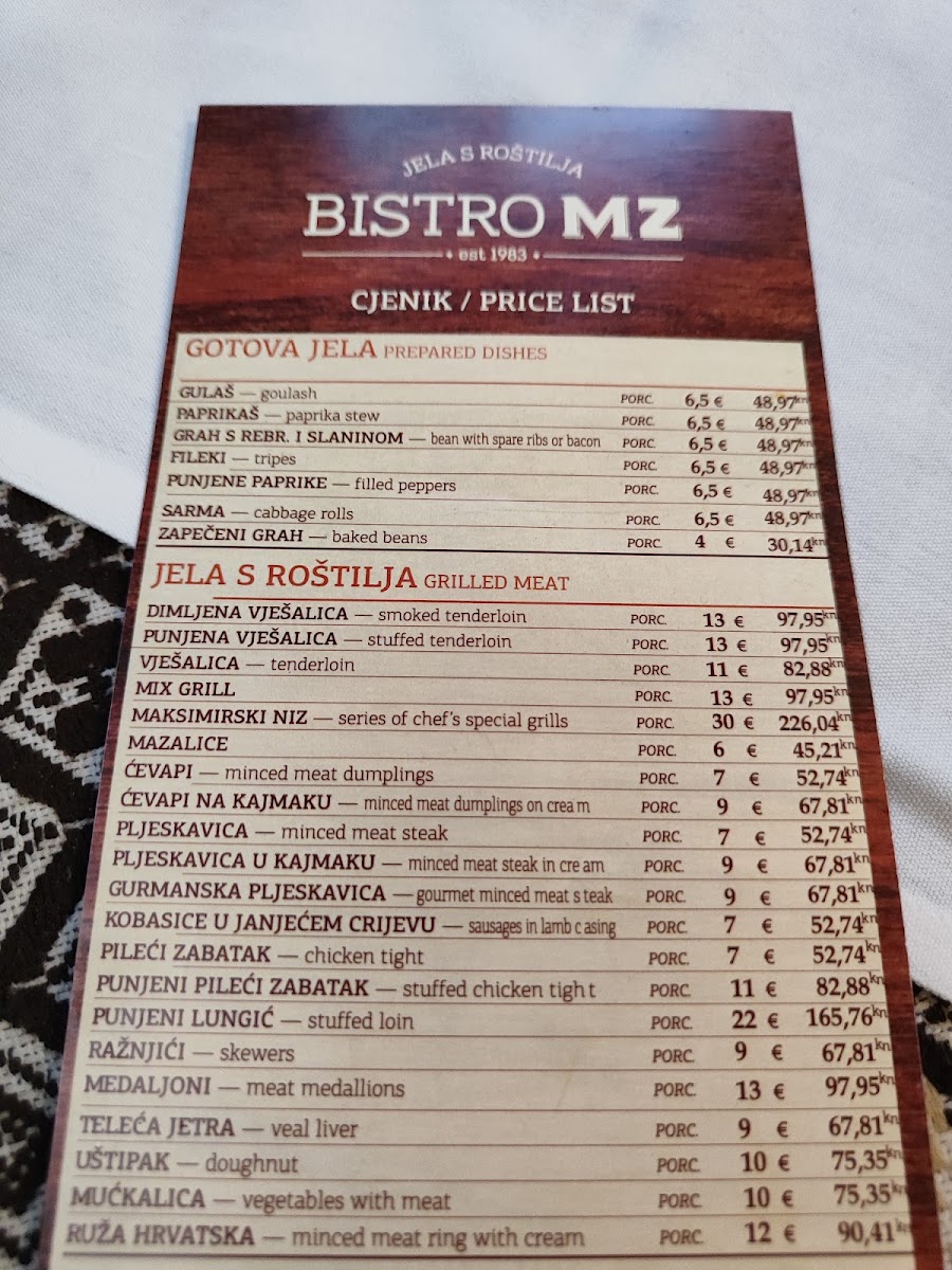 Bistro MZ Menu 1