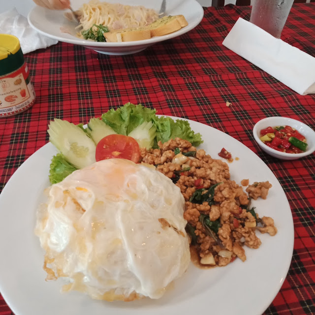 Pad Kra Poaw and Spaghetti Carbonara