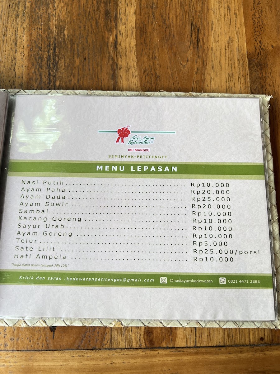 Nasi Ayam Kedewatan Ibu Mangku - Petitenget Seminyak Menu 10
