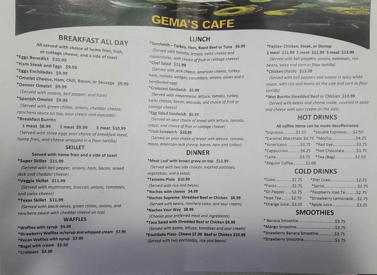 Gema's Cafe Menu 1