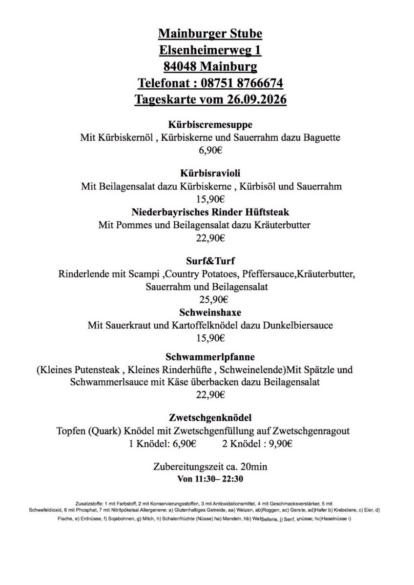 Mainburger Stube Menu 1