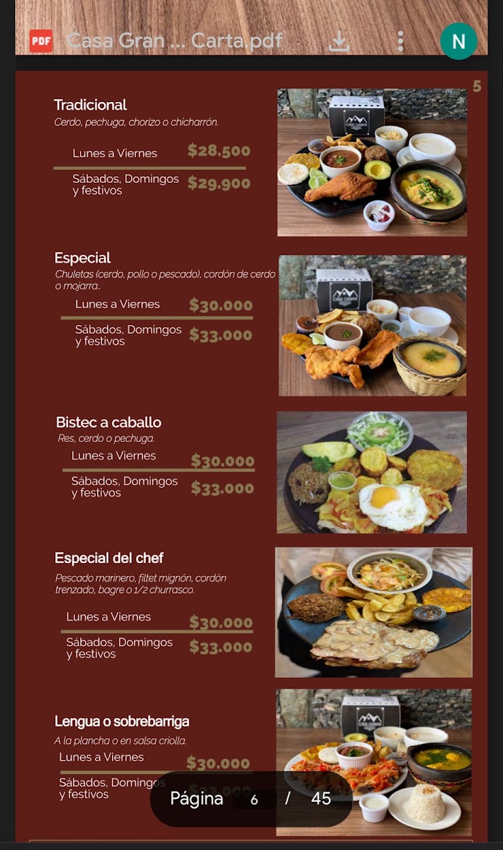 Restaurante Casa Grande Menu 1