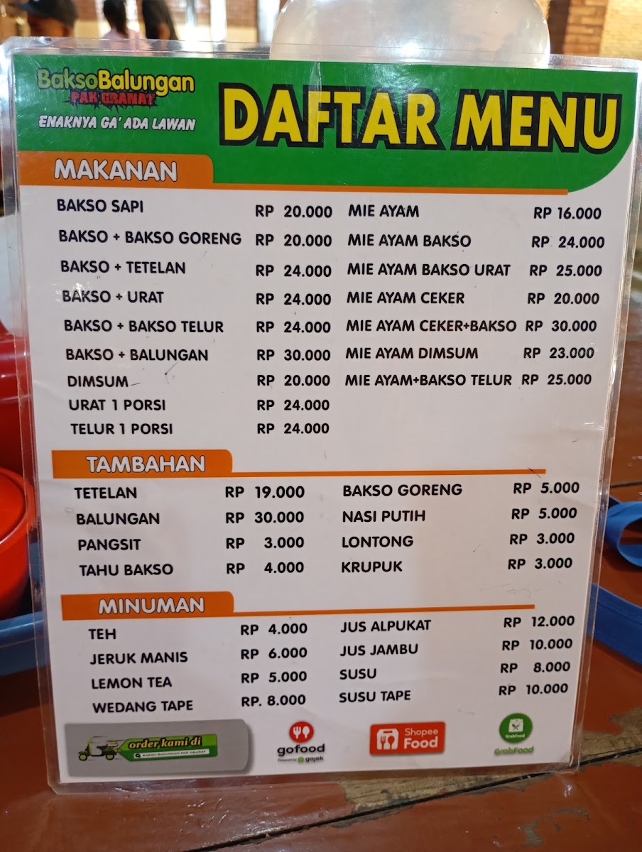 Bakso Balungan Pak Granat Jakal 8 Yogyakarta Menu 1