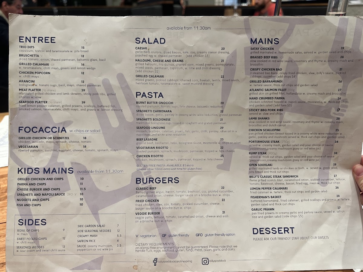 Billy's Paddock Menu 1