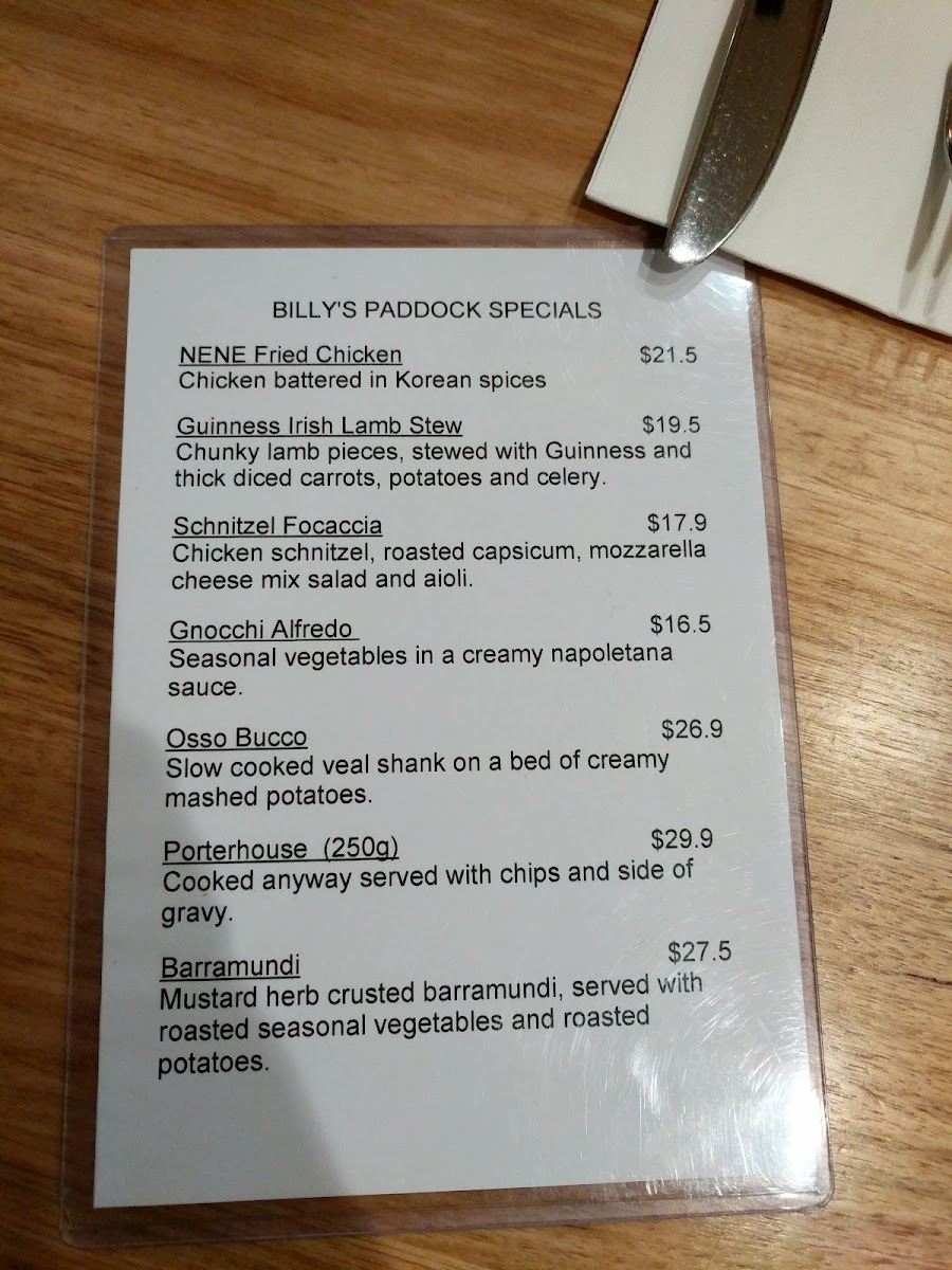 Billy's Paddock Menu 9