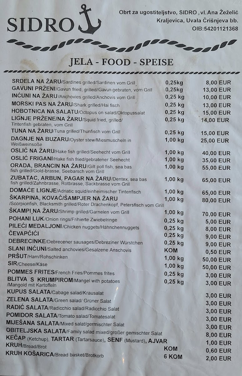 Restaurant Sidro Menu 2