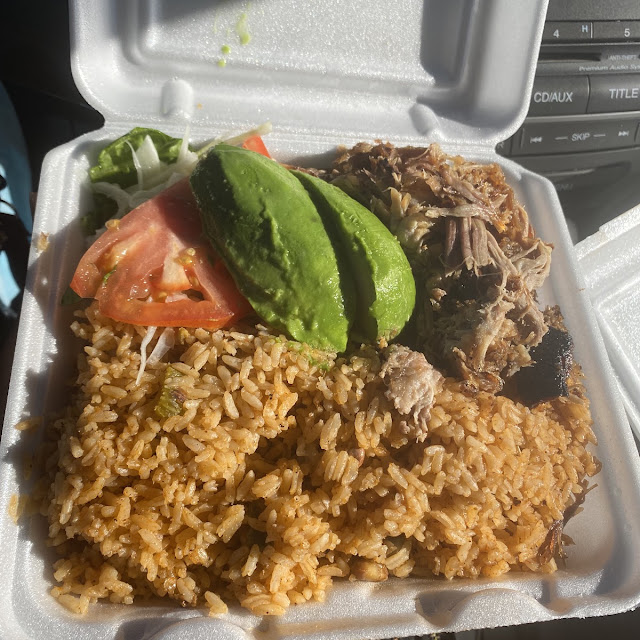 Yellow Rice Pernil Pork Avocado and Salad