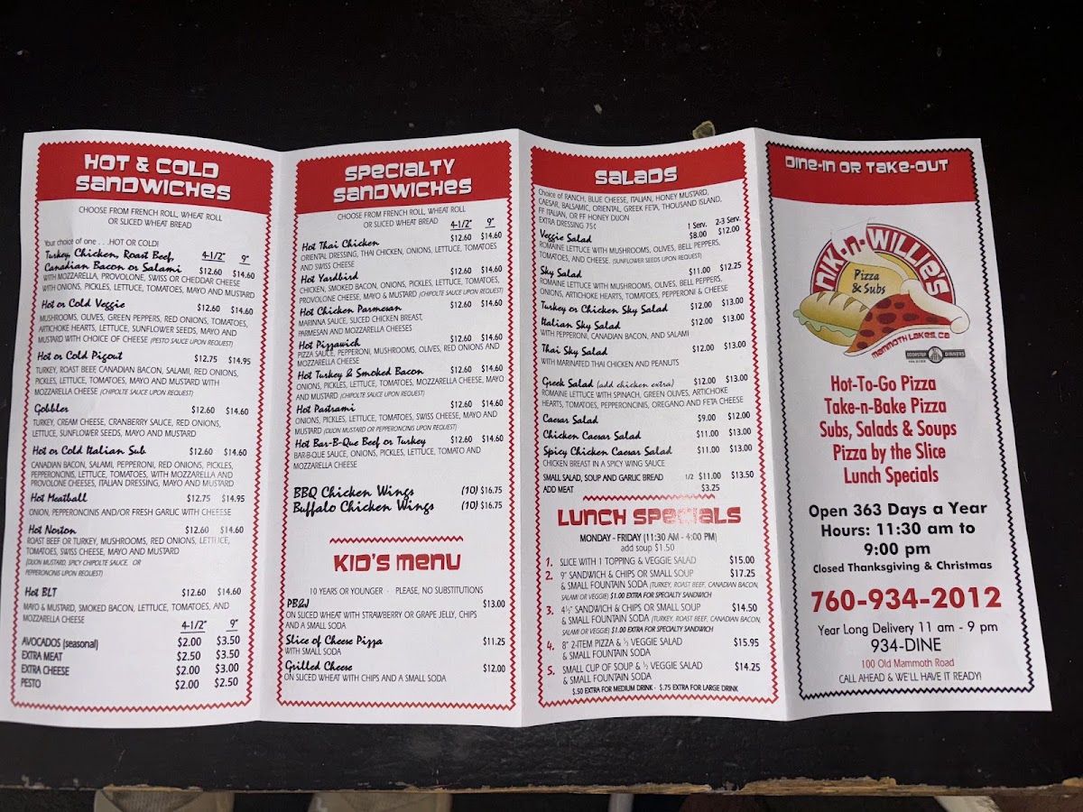 Nik-N-Willie's Pizza-n-Subs Menu 2