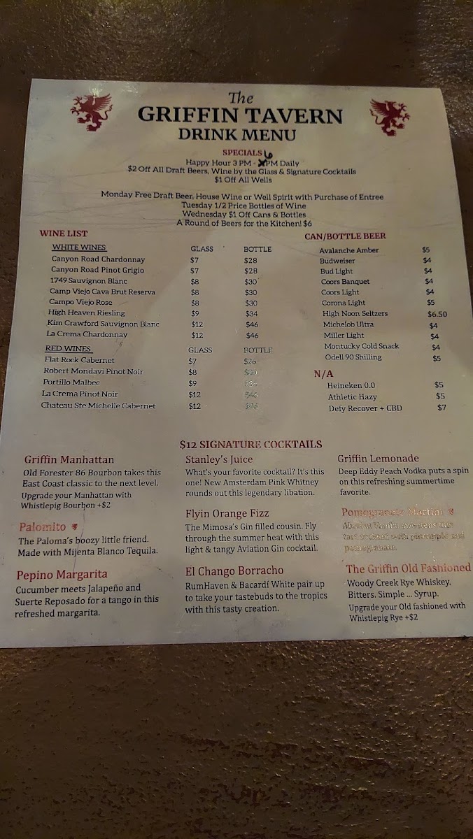 Griffin Tavern Menu 2