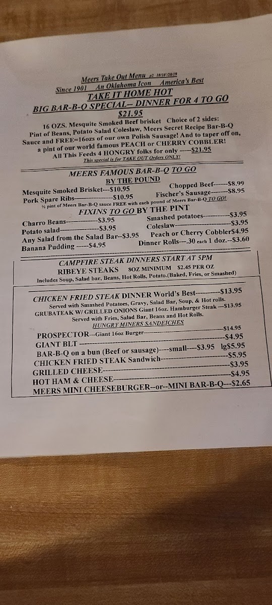 Meers Store and Restaurant Menu 1