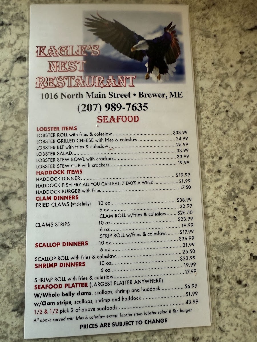 Eagles Nest Restaurant Menu 1