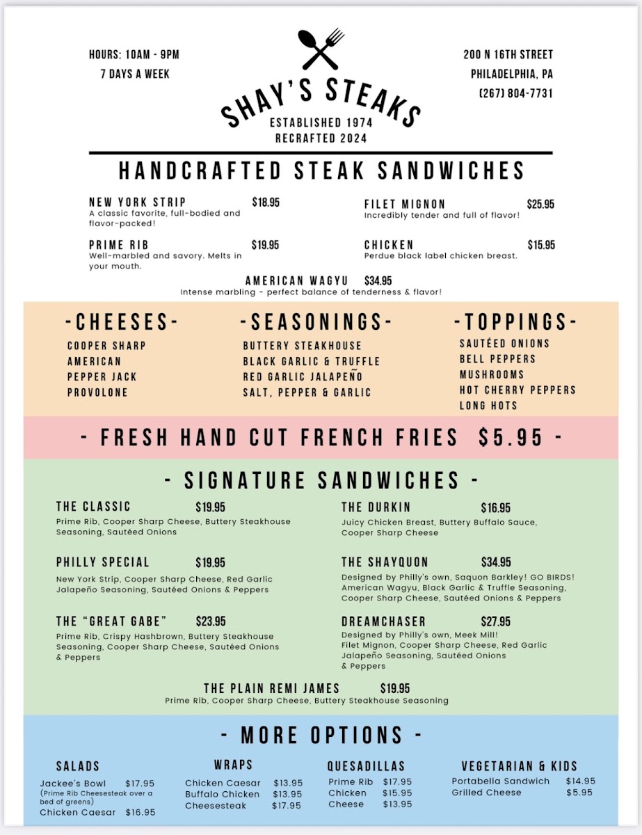 Shay’s Steaks Menu 1