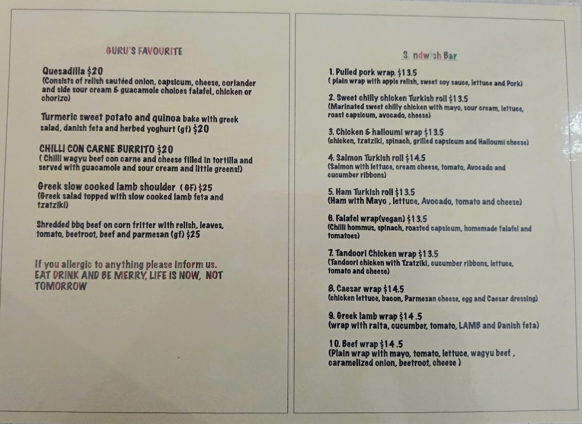 Guru's Cafeteria Menu 1
