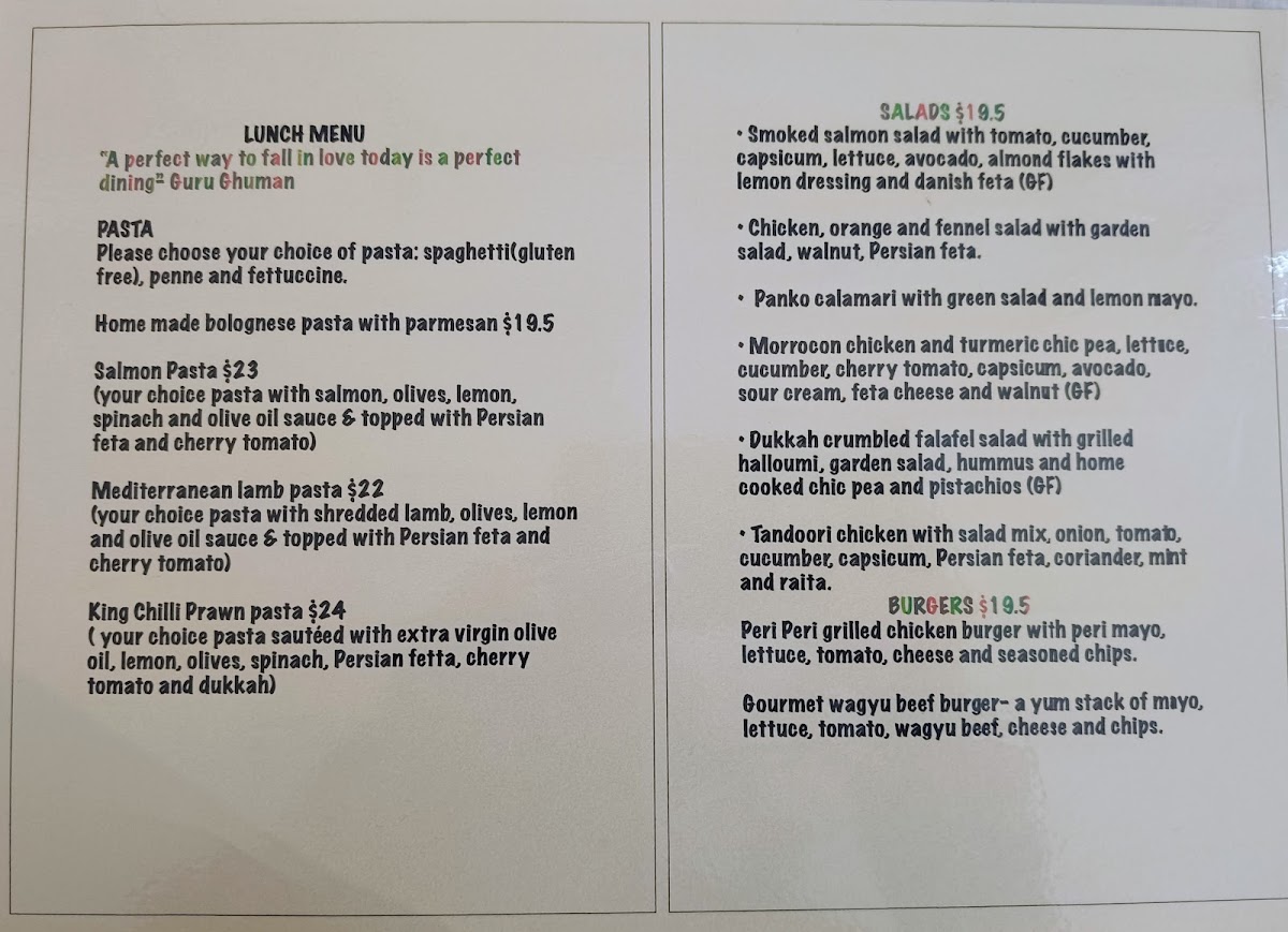 Guru's Cafeteria Menu 2