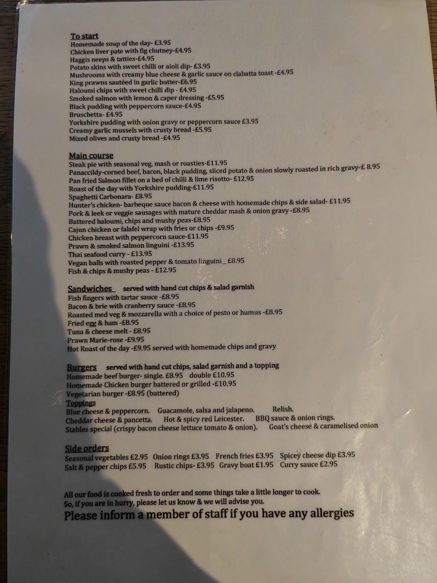 The Stables Pub & Eatery Menu 1