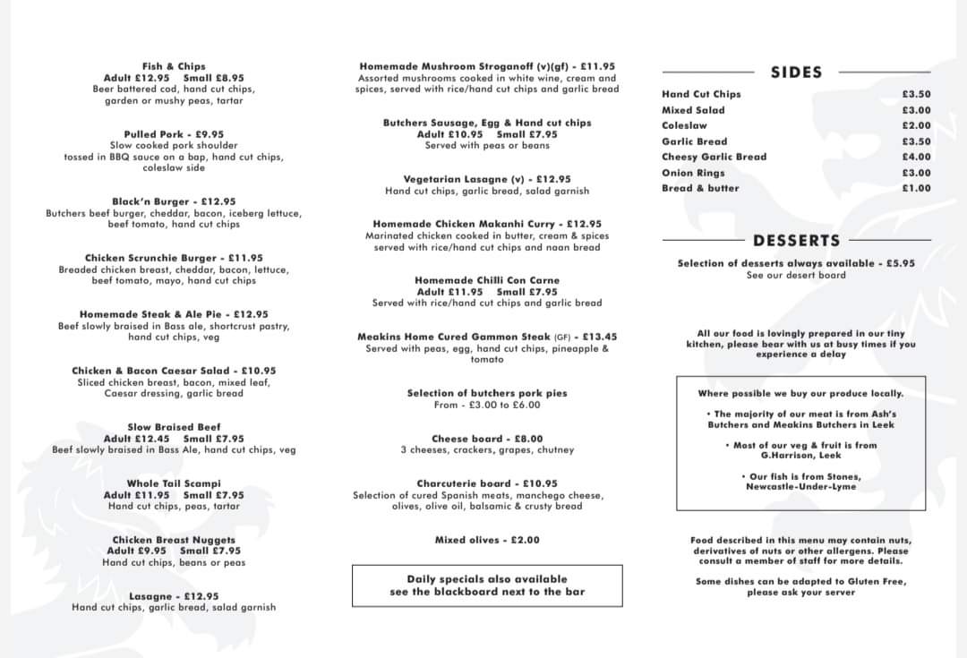 The Black Lion Cheddleton Menu 1