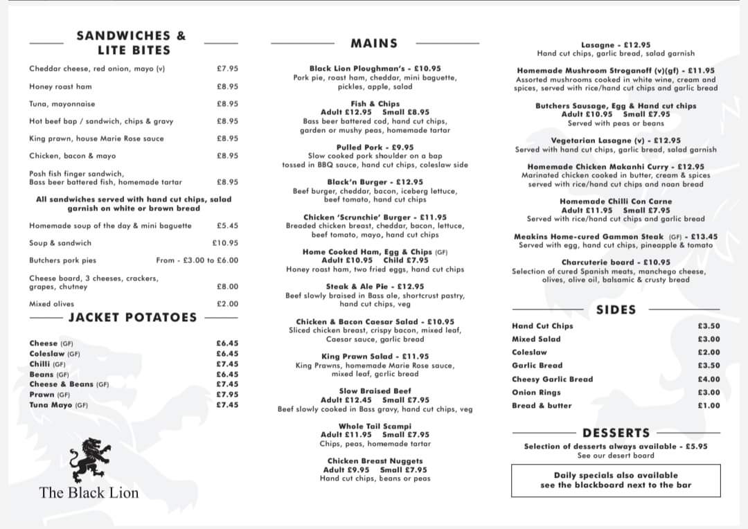 The Black Lion Cheddleton Menu 2