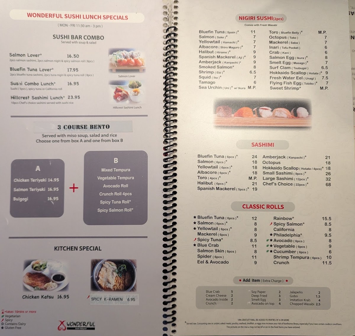 Wonderful Sushi Hillcrest Menu 2