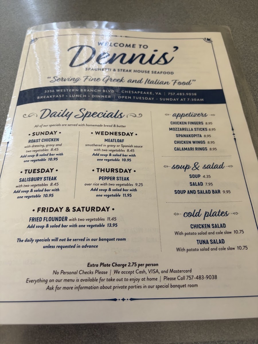Dennis Spaghetti & Steak House Menu 1