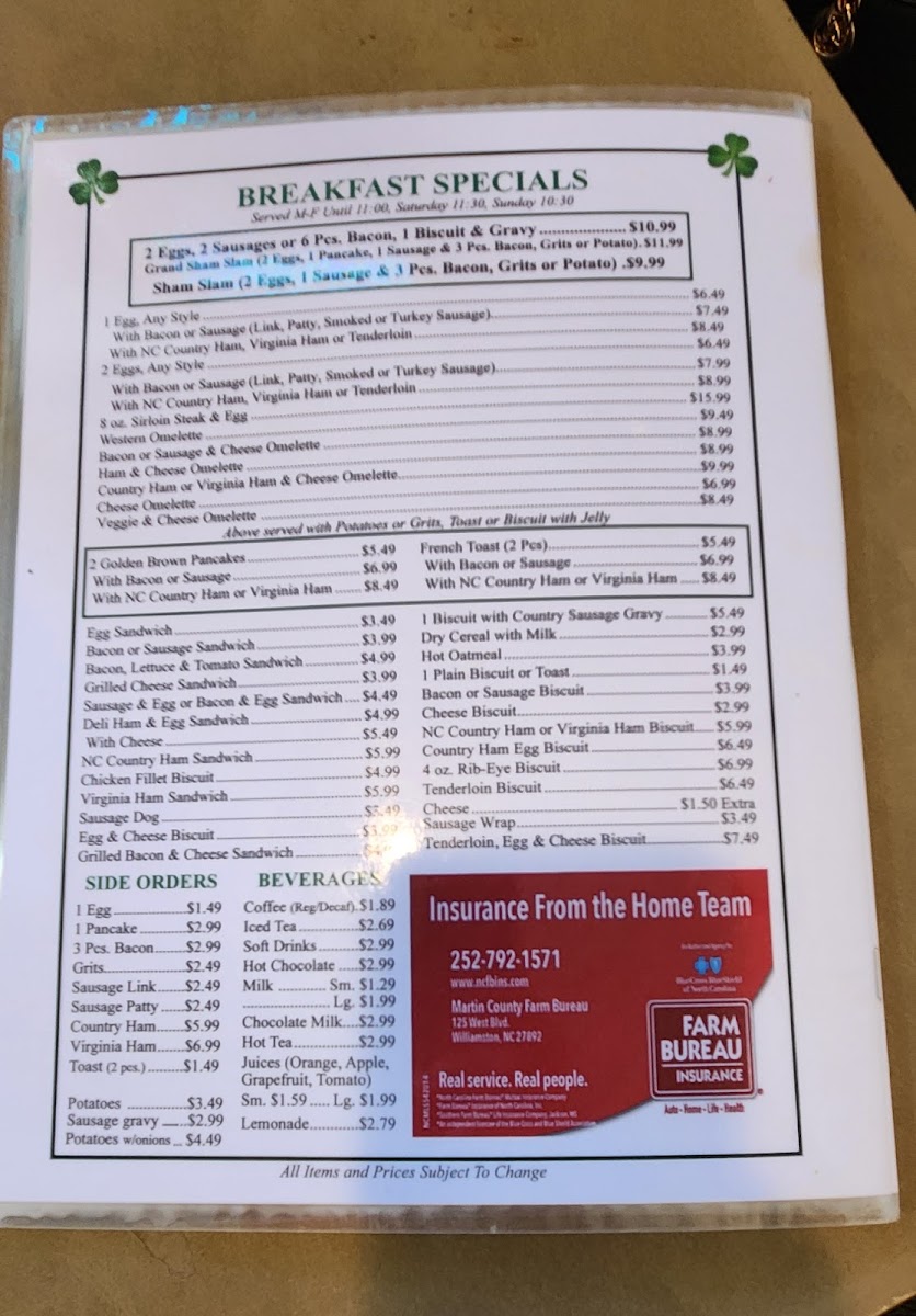 Shamrock Restaurant Menu 1