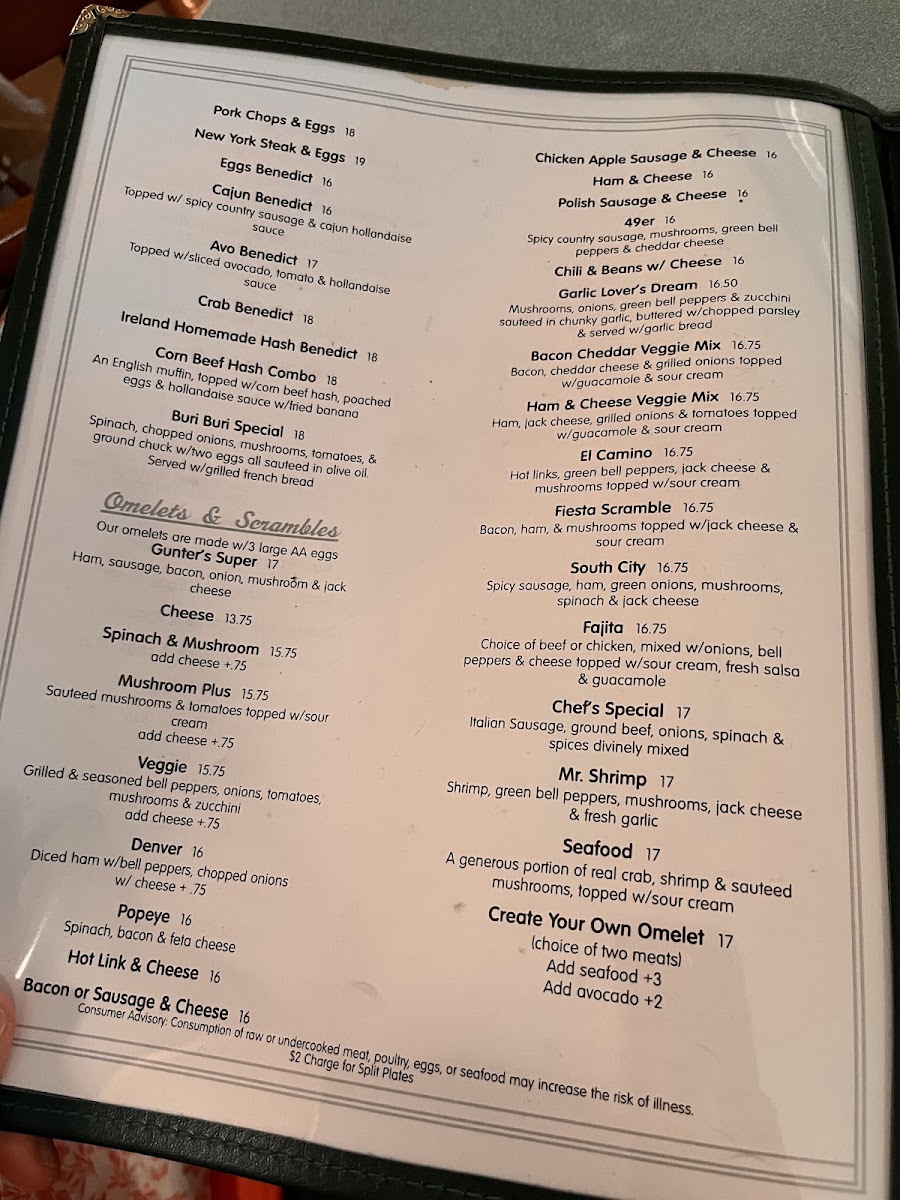 Gunter's Restaurant Menu 1