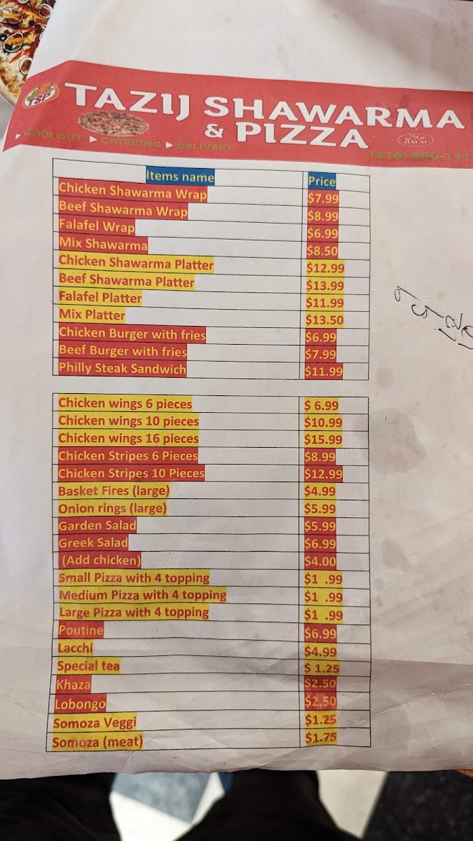 TAZIJ SHAWARMA AND PIZZA Menu 7