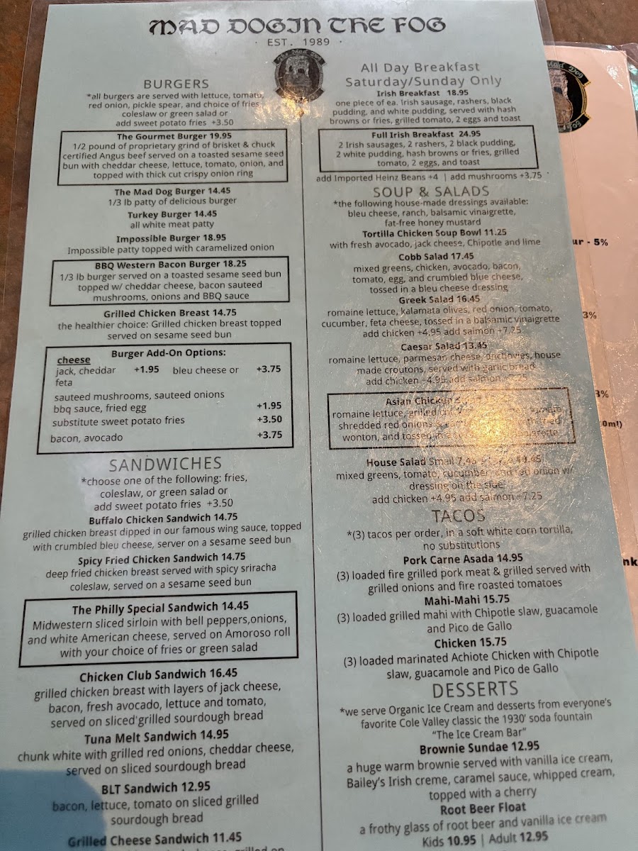 Mad Dog in the Fog Menu 9