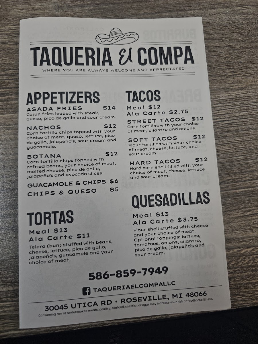 Taqueria El Compa Menu 2
