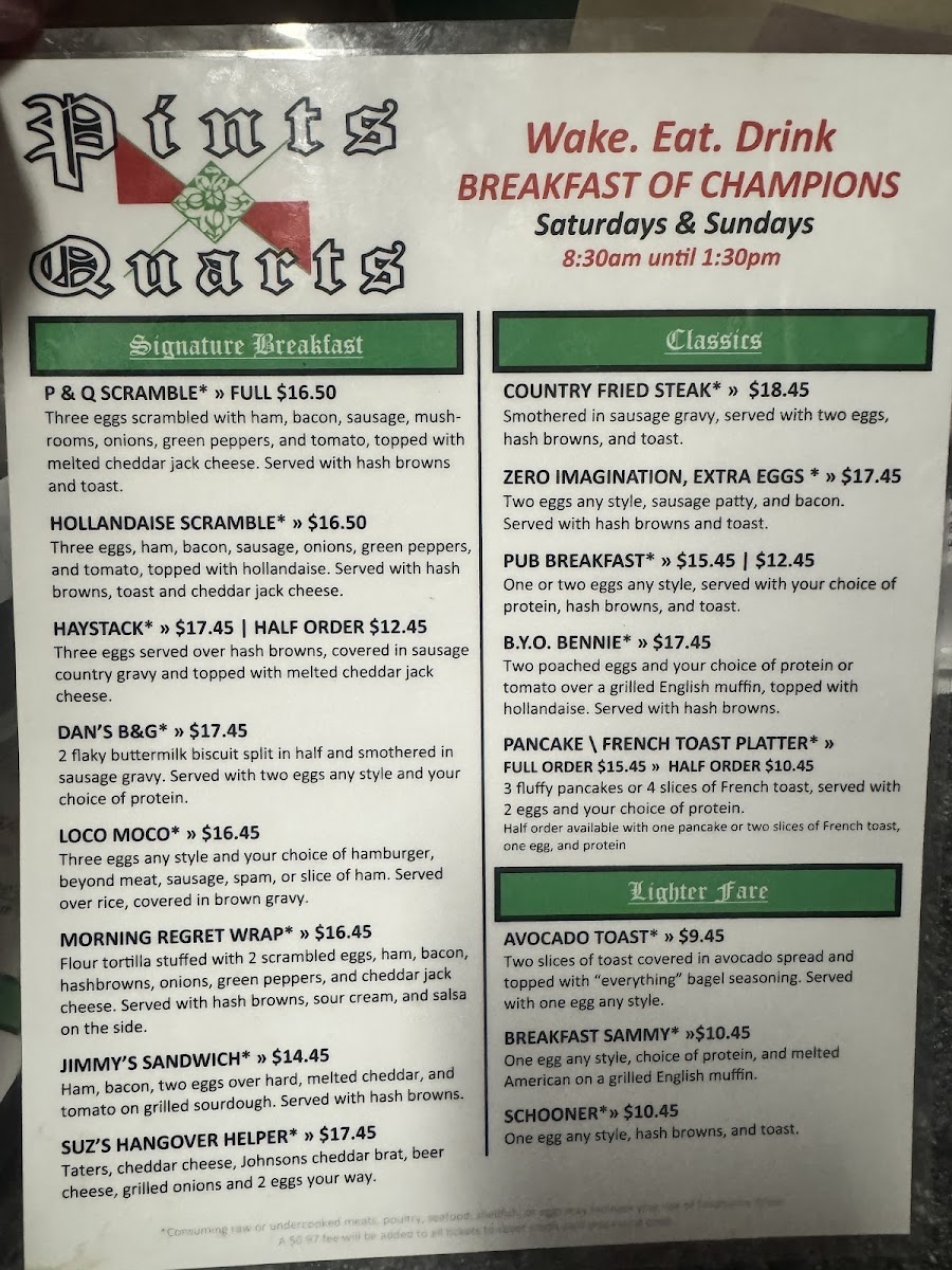 Pints & Quarts - Lacey Menu 1