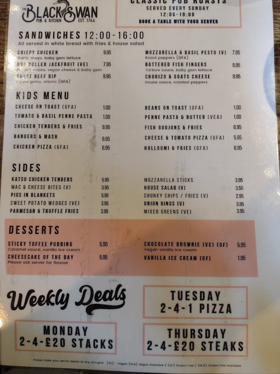 Black Swan Alnwick Menu 1