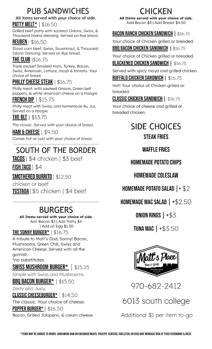 Matt's Place Menu 1