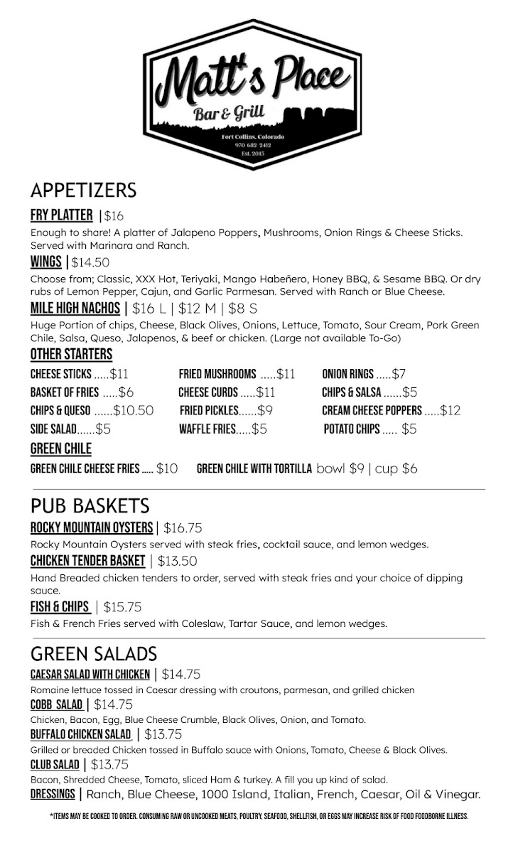 Matt's Place Menu 2