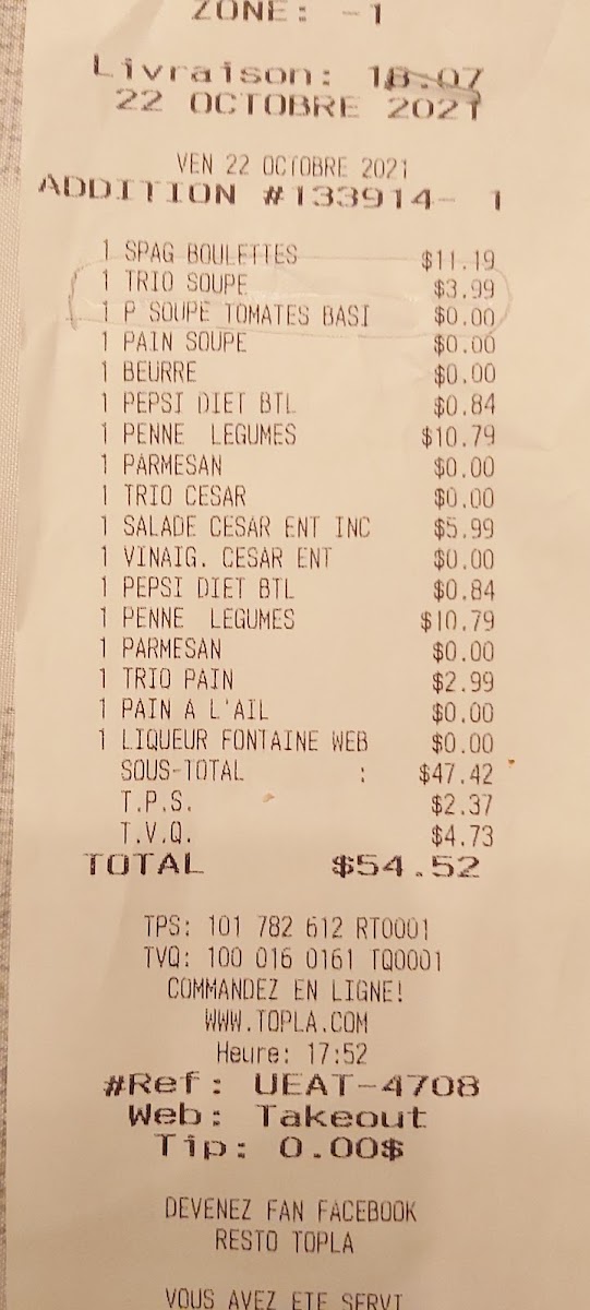 Topla! Blainville Menu 3