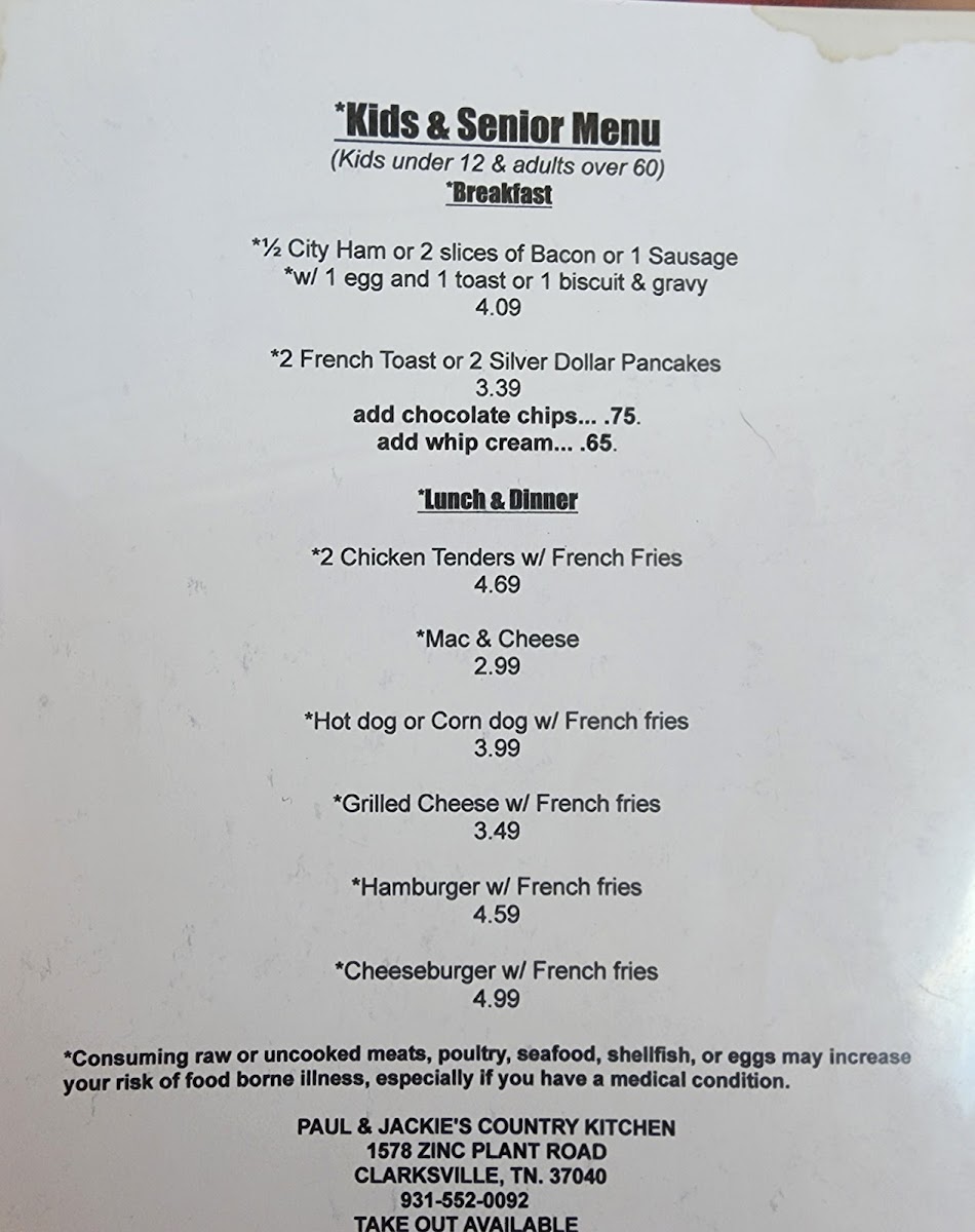 Paul & Jackie's Country Kitchen Menu 10