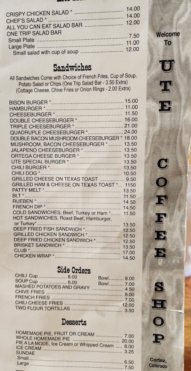 Ute Coffee Shop Menu 1