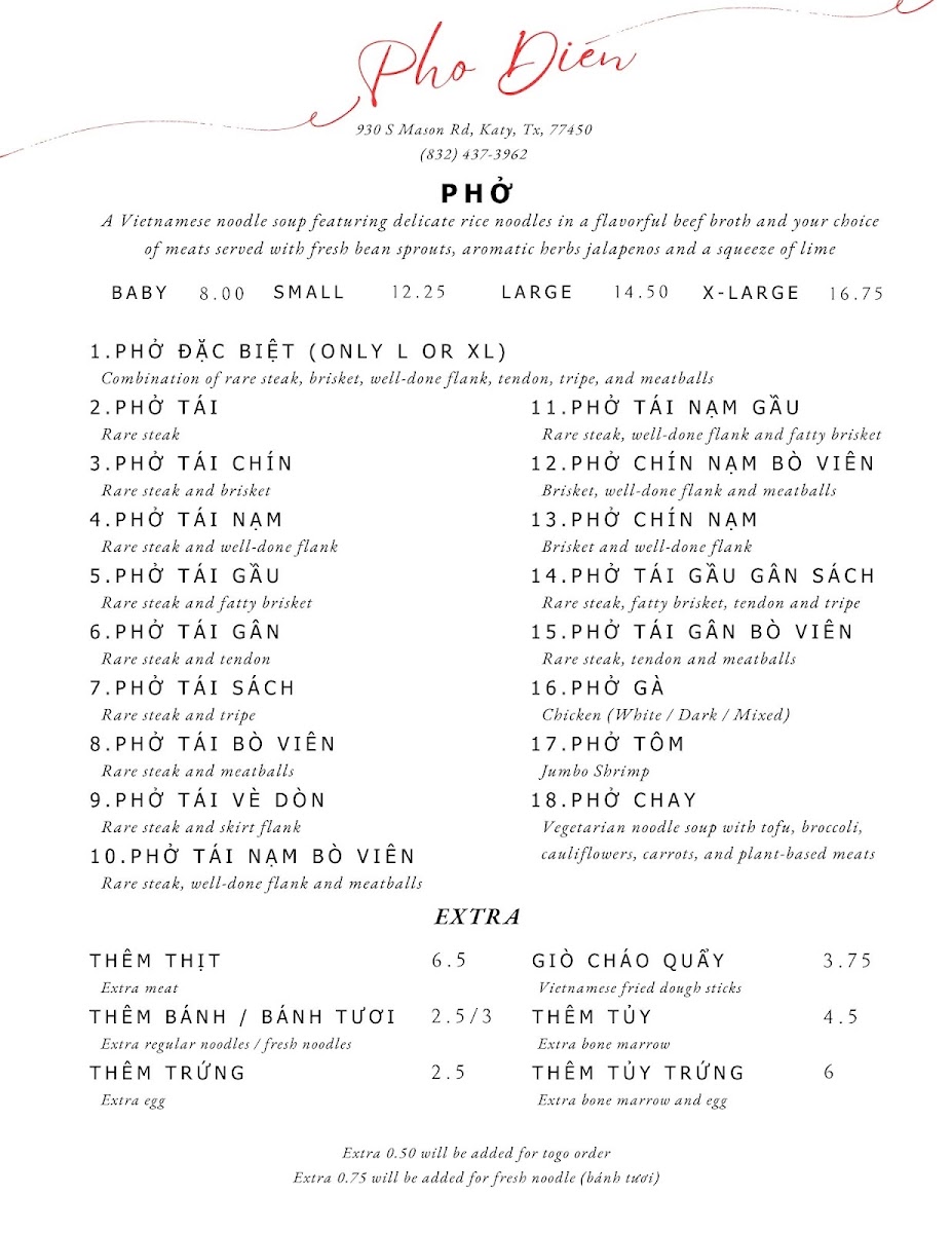 Pho Dien Katy Menu 1